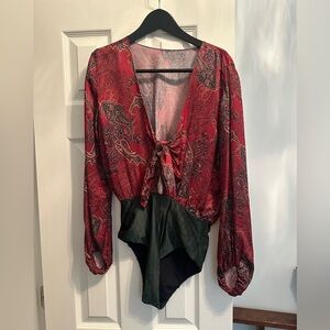 Hype Beachwear Burgundy and Green Paisley Bodysuit S